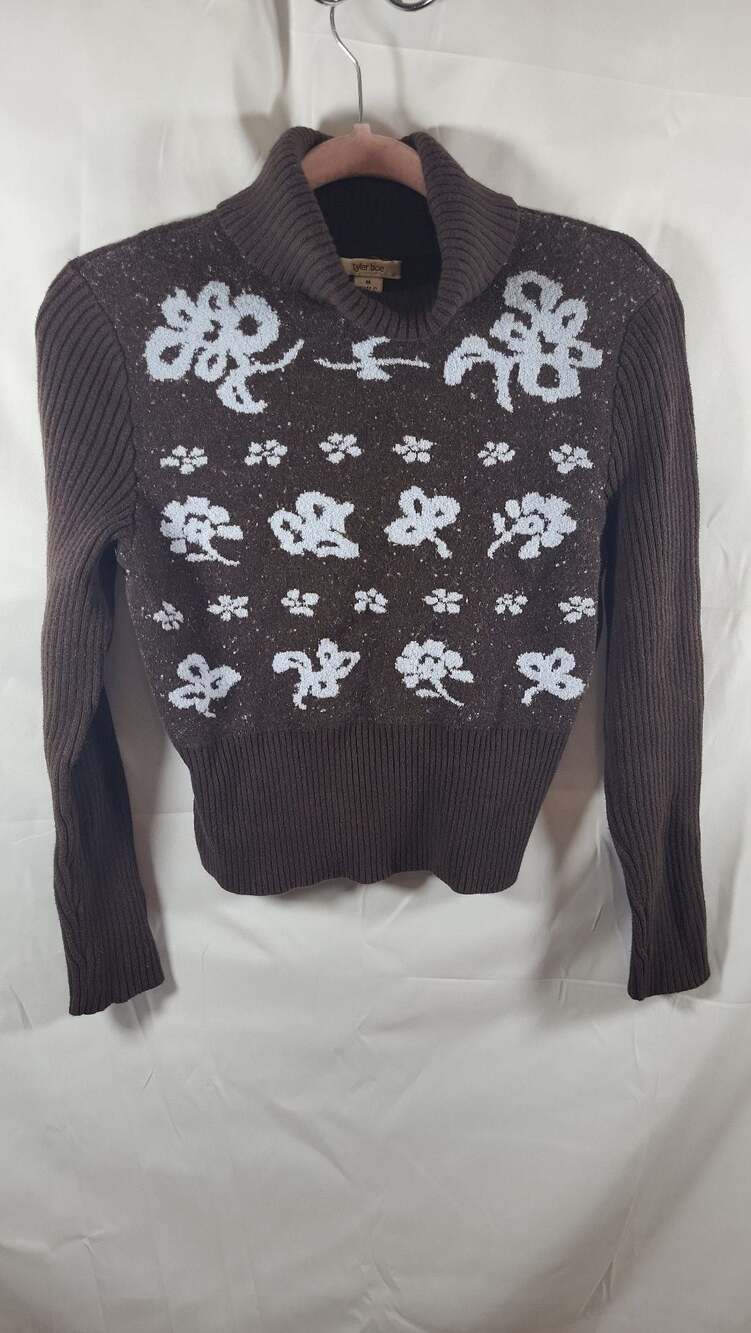 Tyler Böe Brown Floral Intarsia Knit Ribbed Shawl Collar y2k Sweater, M